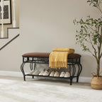 Bluecat Entryway Shoe Bench with Brown Padded Cushion, Metal Frame Multi-Functional Shoe Changing Bench for Hallway Living Room Bedroom