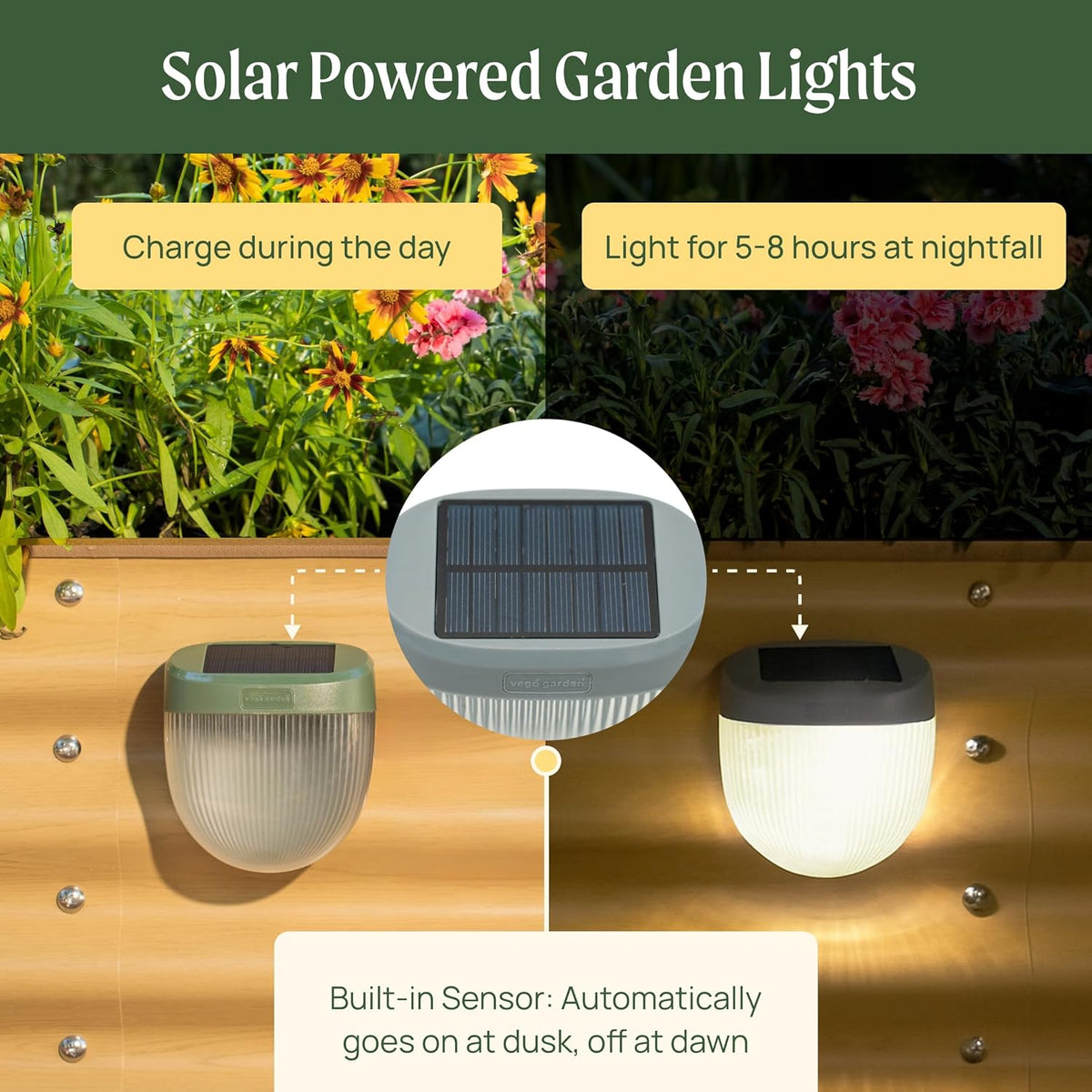 Vego garden Rippled Solar Garden Lights with Auto Sensors Magnetize Securely to Raised Beds, IPX4 Waterproof Outdoor LED Light for Patio & Yard Olive Green, 2 Pack