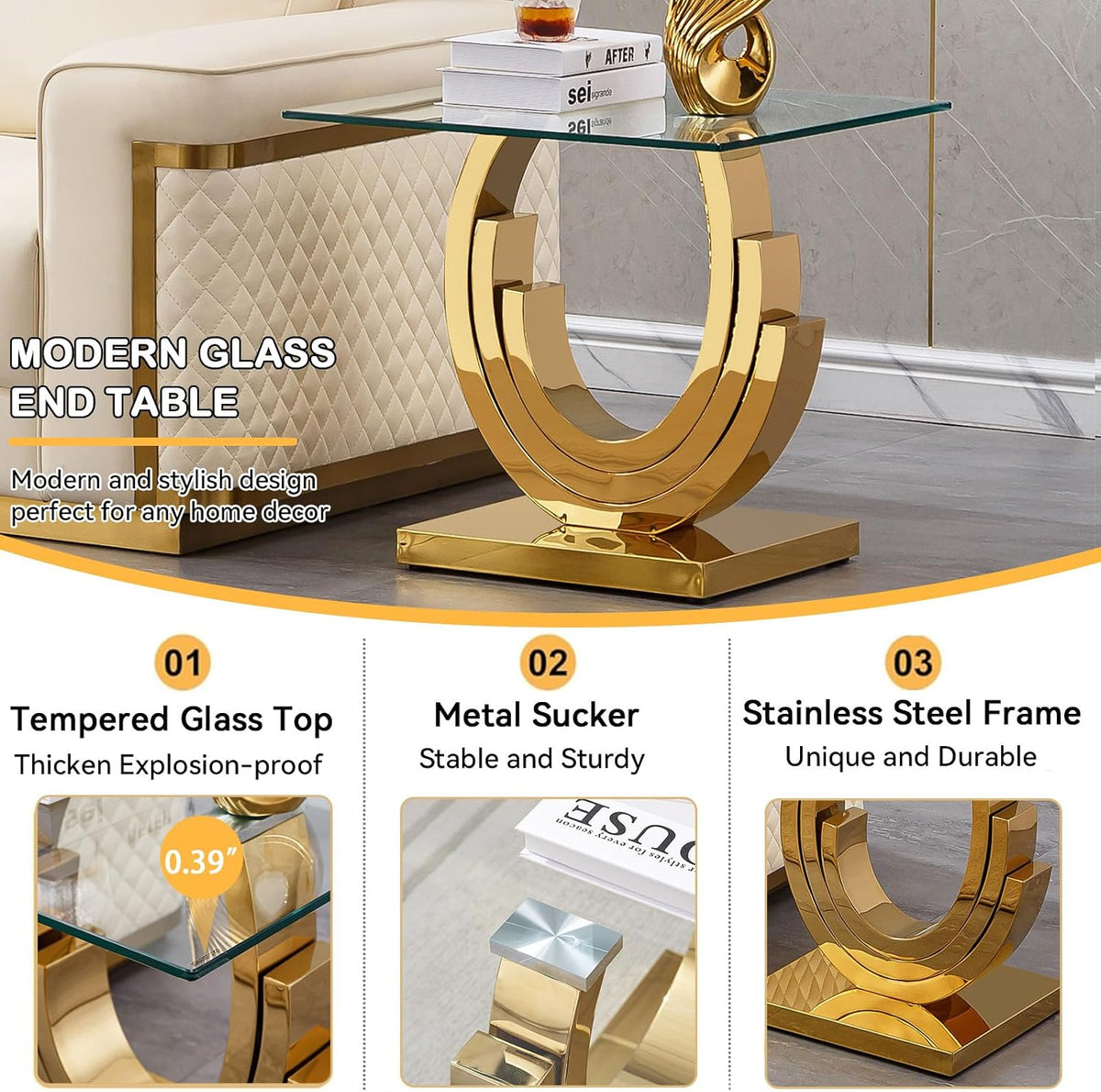 Gold Glass End Table, Modern 22.8" Square Sofa Side Table for Living Room, Tempered Glass End Bedside Table Nightstand with Ring-Shape Stainless Steel Base for Bedroom Home Office
