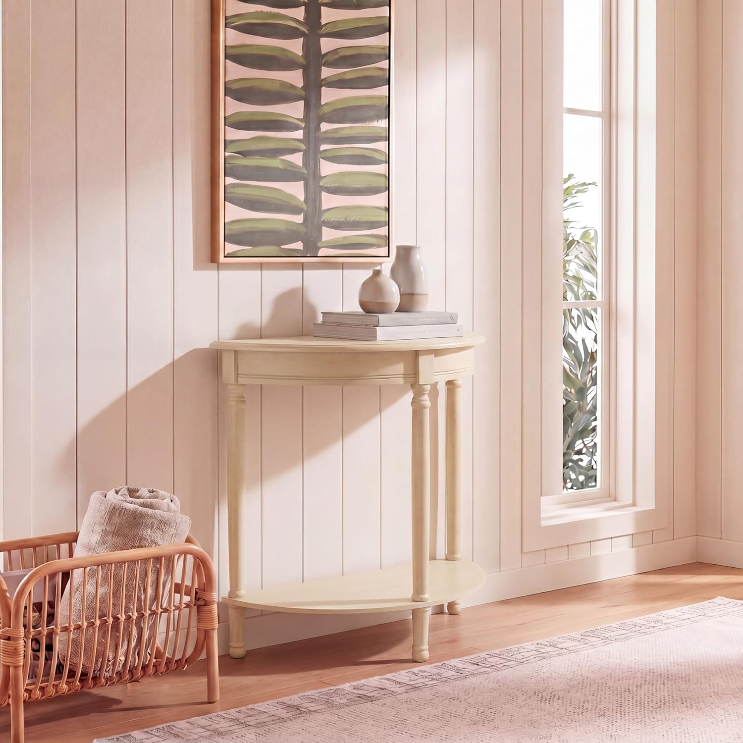 SAFAVIEH Furniture - Tinsley Half-Round Console Table - Sand - Solid Wood - Farmhouse Demilune Design - Ideal for Entryway, Hallway, Living Room, 28" W x 11.75" D x 28" H (CNS5723E)