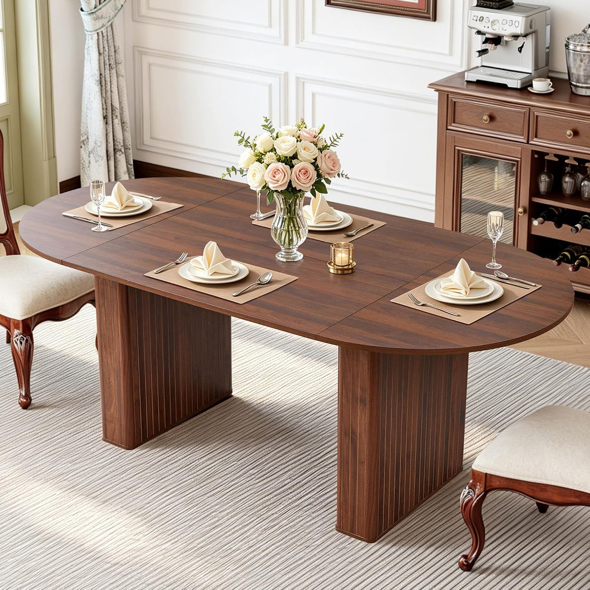 weselon 78.7" Oval Dining Table for 6-8 People, Large Kitchen Dining Table with Fluted Pedestal Base, Modern Minimalist Dining Room Table with 3-Piece Tabletop, Walnut (Chairs Not Included)