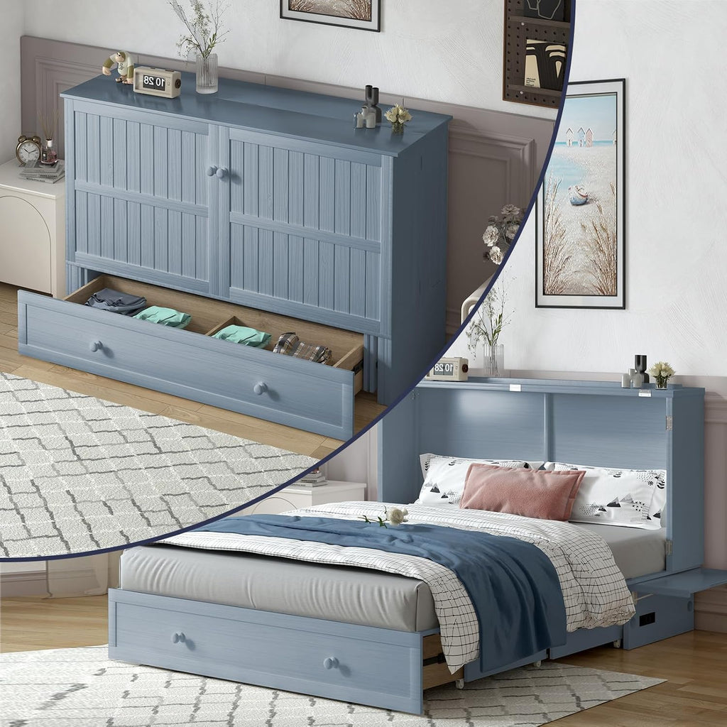 ijuicy Murphy Cube Bed Queen with Memory Foam Mattress-Grayish Blue | USB Charging, Extra Large Drawers, Side Storage for Guests/Room