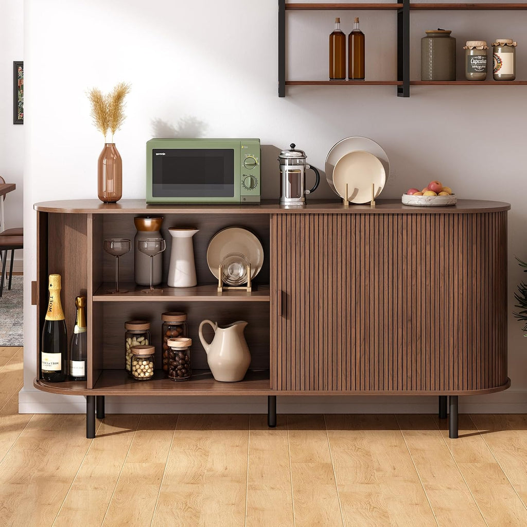 ONBRILL 63" Sideboard Buffet Cabinet, Sliding Door/Adjustable Shelf, Walnut