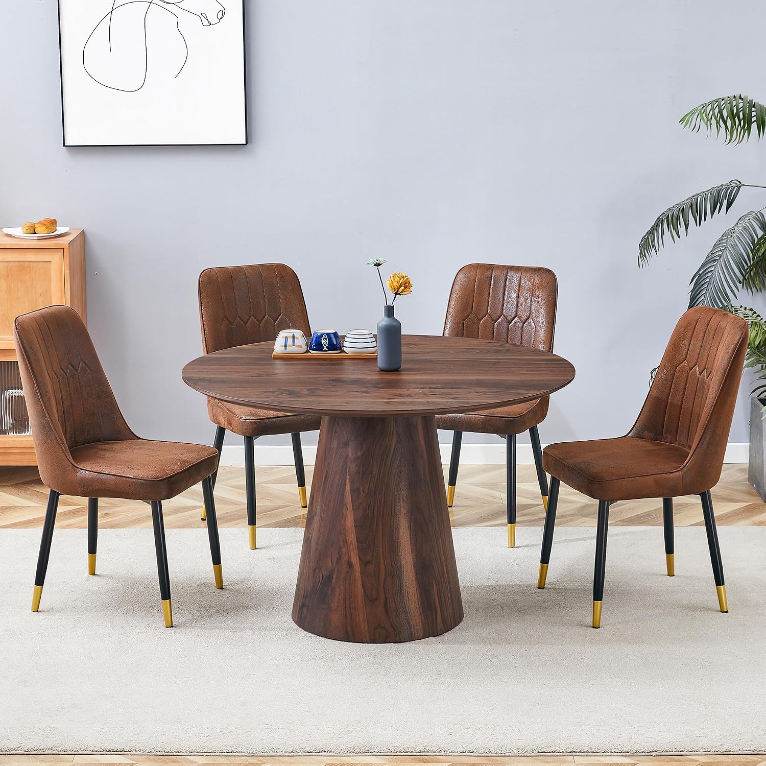 45'' Round Dining Table for 4 - Modern Farmhouse Kitchen Table with Cone Pedestal Base,Walnut Wood Dining Table for Small Spaces,Round Kitchen Table Ideal for Dining Room or Apartment