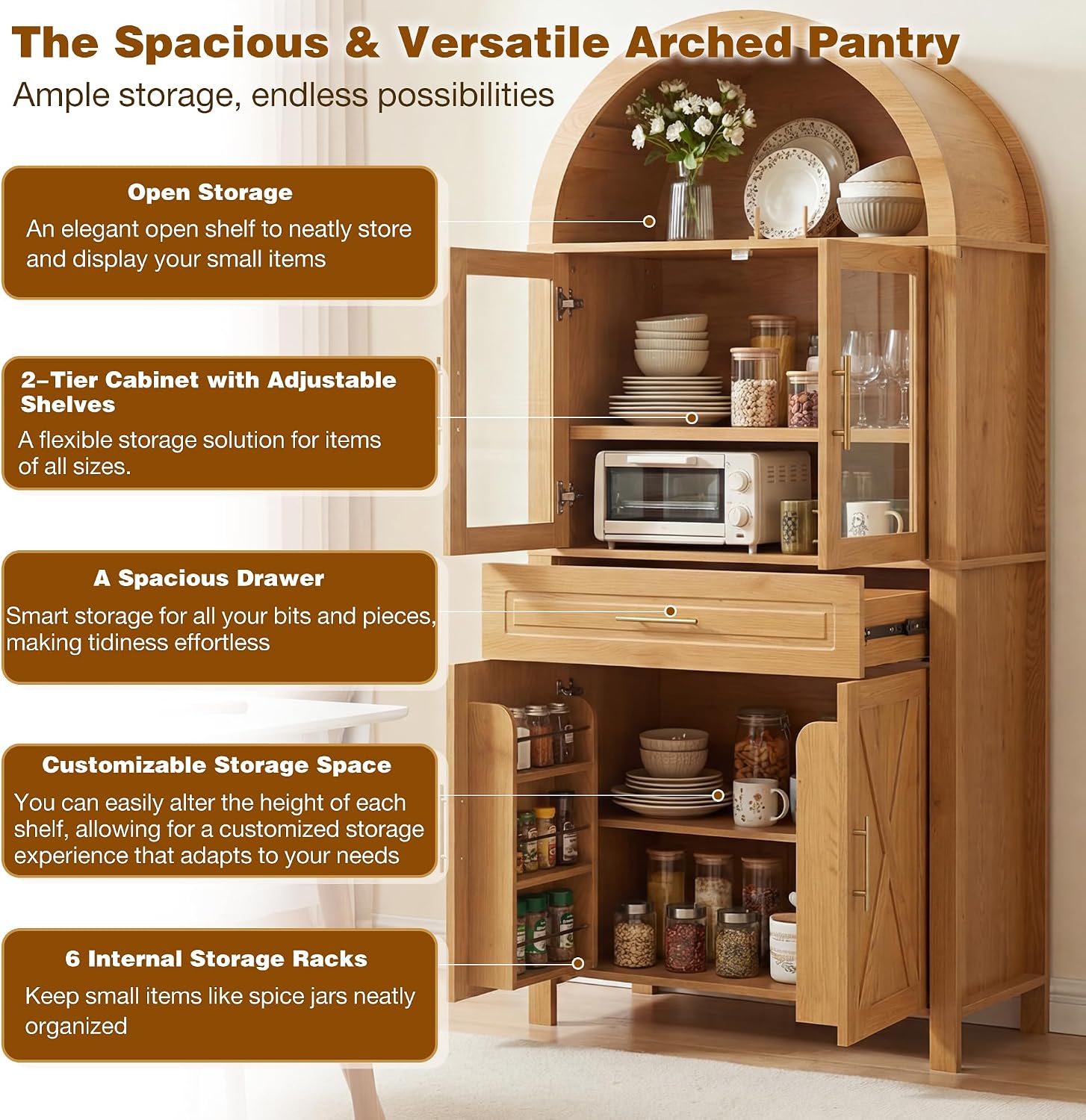 Polibi 71" Tall Arched Kitchen Pantry Cabinet with Glass Doors,Farmhouse Storage Cabinet with Adjustable Shelves & Barn Door Design,Large Freestanding Cupboard for Kitchen, Living, Dining Room,Oak