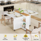 Folding Dining Table with 6 Wheels, Drop Leaf Tables for Small Spaces, Foldable Dining Table with 2-Layer Storage Rack, Kitchen Table with Drawer (White and Oak)