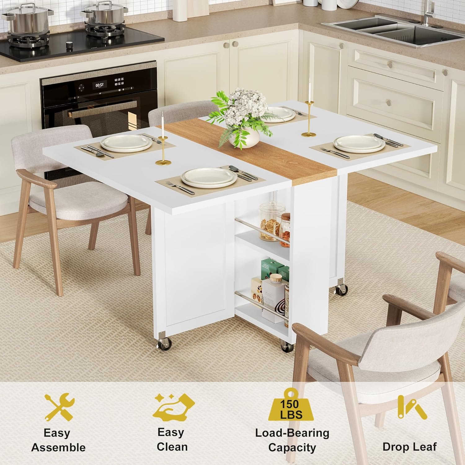 Folding Dining Table with 6 Wheels, Drop Leaf Tables for Small Spaces, Foldable Dining Table with 2-Layer Storage Rack, Kitchen Table with Drawer (White and Oak)