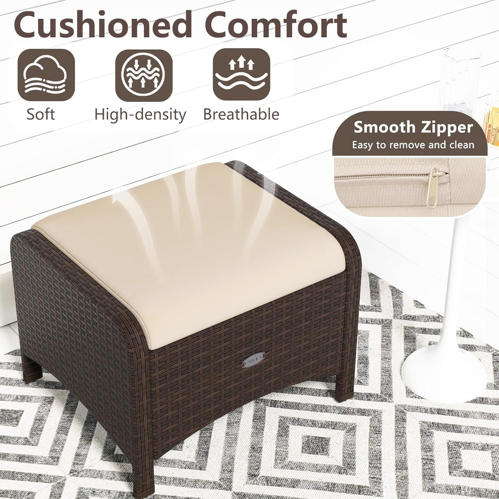 RELAX4LIFE Wicker Outdoor Ottomans for Patio - Set of 2 Rattan Footstools w/Removable Cushions, Multipurpose Outside Foot Rest, Side Table & Additional Seating for Porch Garden Backyard (Beige)