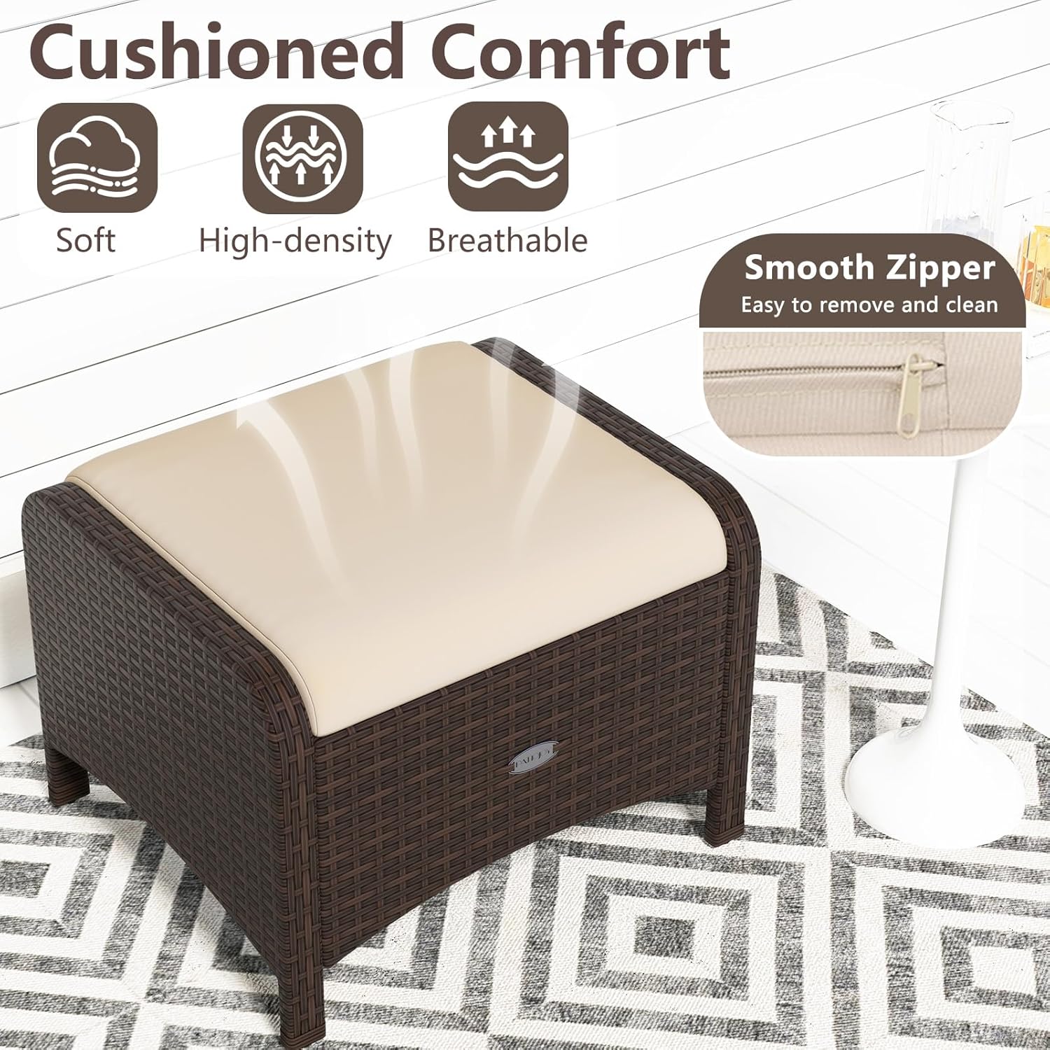 RELAX4LIFE Wicker Outdoor Ottomans for Patio - Set of 2 Rattan Footstools w/Removable Cushions, Multipurpose Outside Foot Rest, Side Table & Additional Seating for Porch Garden Backyard (Beige)