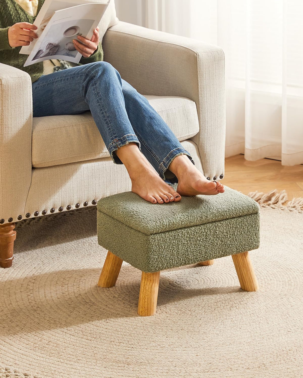 YMYNY Storage Ottoman,Small Foot Stool, 15.75"×11.81"×11.02" Green,HBD042GR | Teddy Velvet,Sturdy Wood Legs,Footstool with Padded Seat, For Living Room Bedroom Couch Entryway