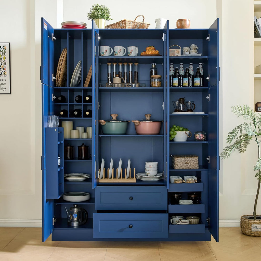 VilroCaz Wood Large Kitchen Pantry with 6 Doors, 53.2''Lx17.7''W Storage Cabinet Cupboard with Drawers, Adjustable Shelves, Pull-Out Trays and Wine Rack for Dining Room (Blue-4.19)