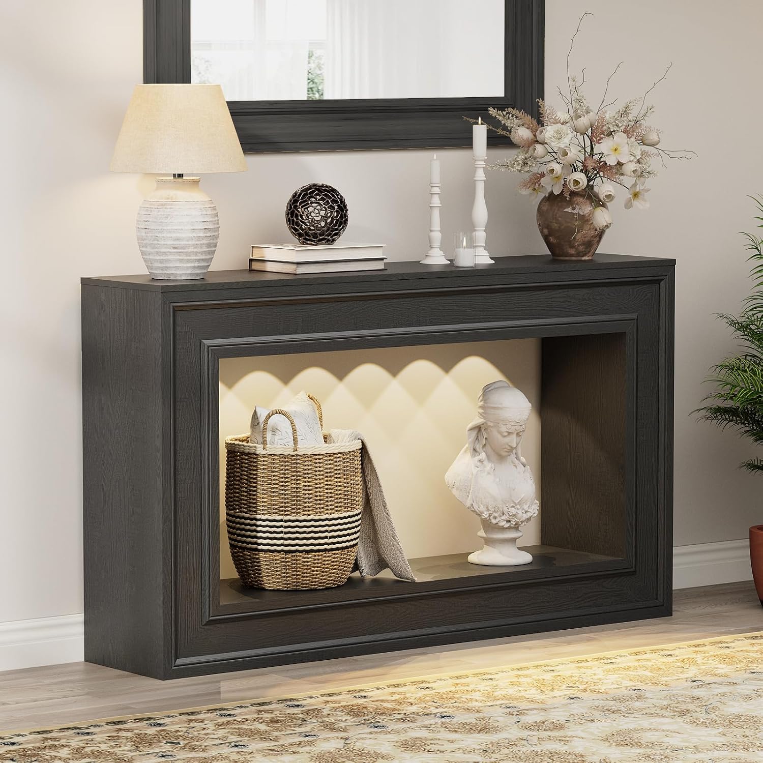 Rresyet 55" Long Console Tables with LED Lights, Narrow Console Tables for Entryway, 2-Tier Table Behind The Sofa, Modern Hallway Accent Table for Living Rooms, Corridors, and Foyers (Black)