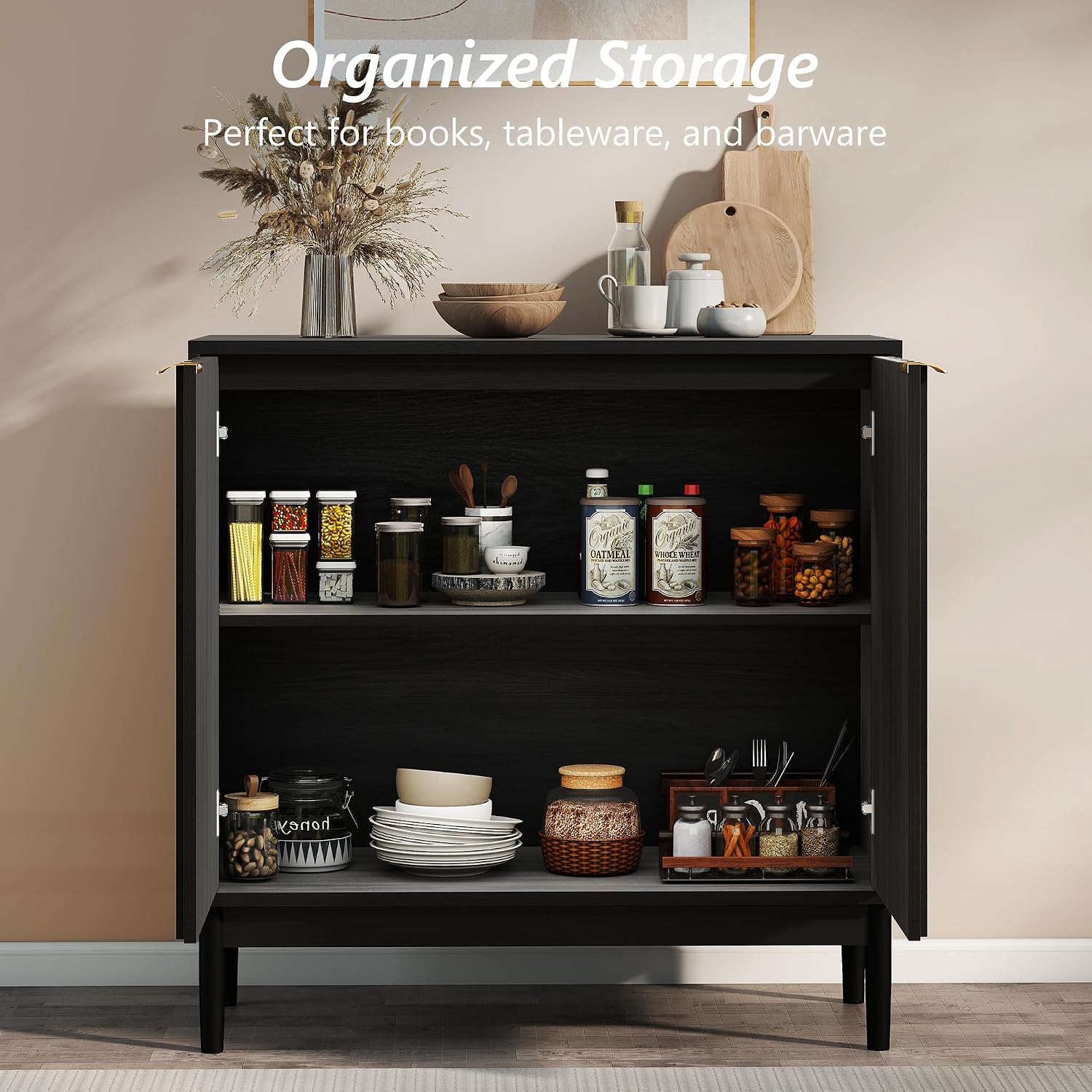 Fluted Cabinet with Storage, Buffet Cabinet Sideboard with 2 Doors, Black Buffet Storage Accent Cabinets with Adjustable Shelves for Living Room, Entry, Hallway, Kitchen