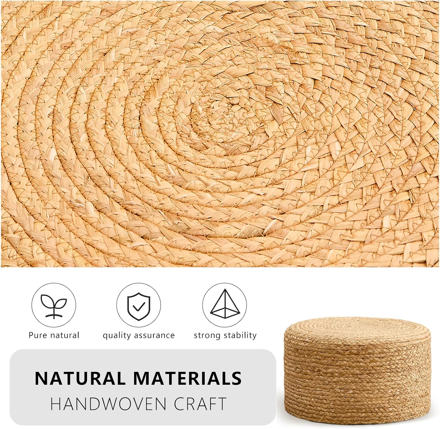 Wimarsbon Round Pouf Ottoman, Natural Hand Knitted Footrest Poof, Rustic Lounge Pouffe, Boho Pous Foot Stool, Accent Table or Seat (Natural Water Hyacinth, 17.7 * 17.7 * 9.84)
