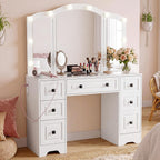senlin Vintage Vanity with Lighted Mirror & Outlet (White) | Retro dressing table with 5 drawers and glass top. Third-fold lighted mirror for bedroom. Power outlet suitable for women.