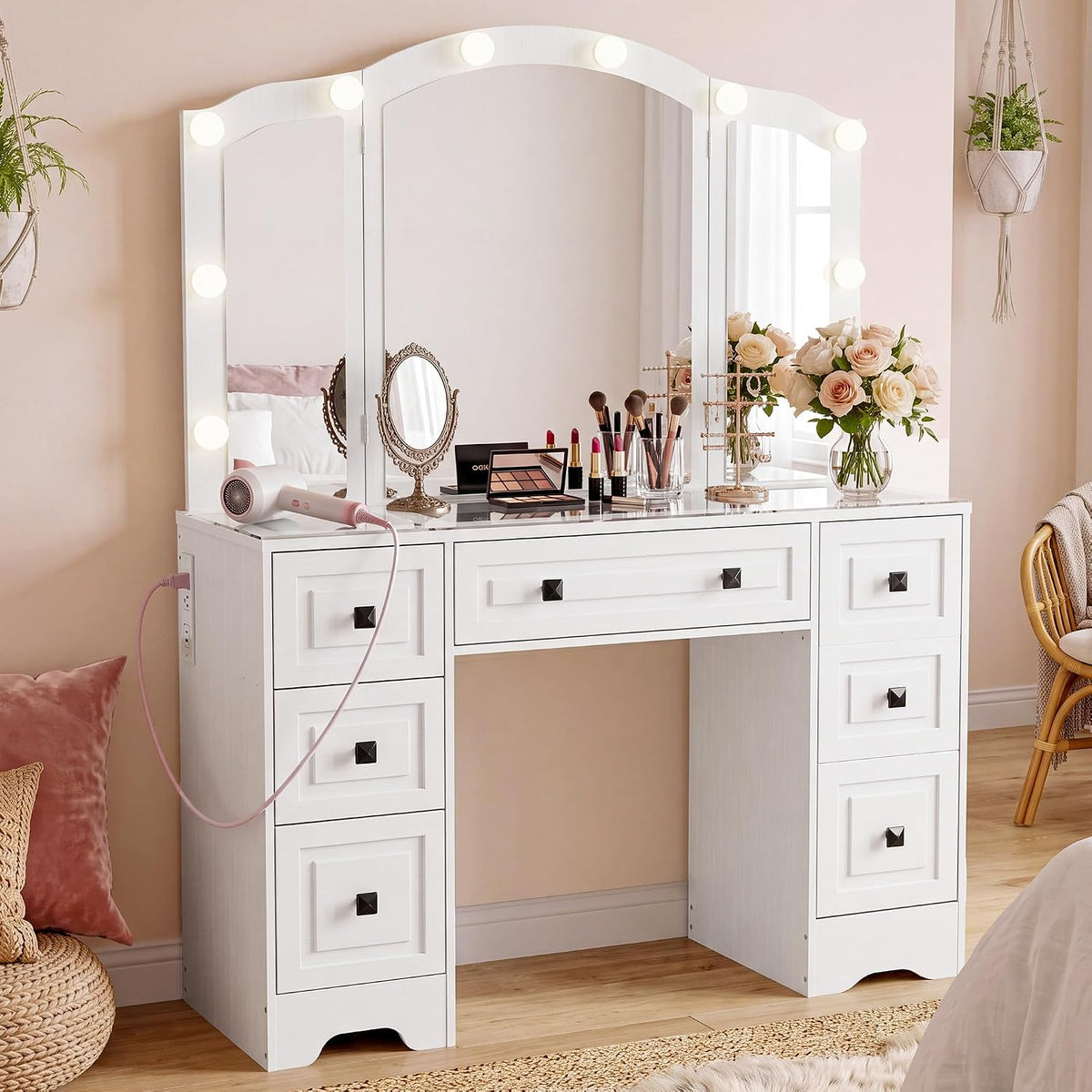 senlin Vintage Vanity with Lighted Mirror & Outlet (White) | Retro dressing table with 5 drawers and glass top. Third-fold lighted mirror for bedroom. Power outlet suitable for women.