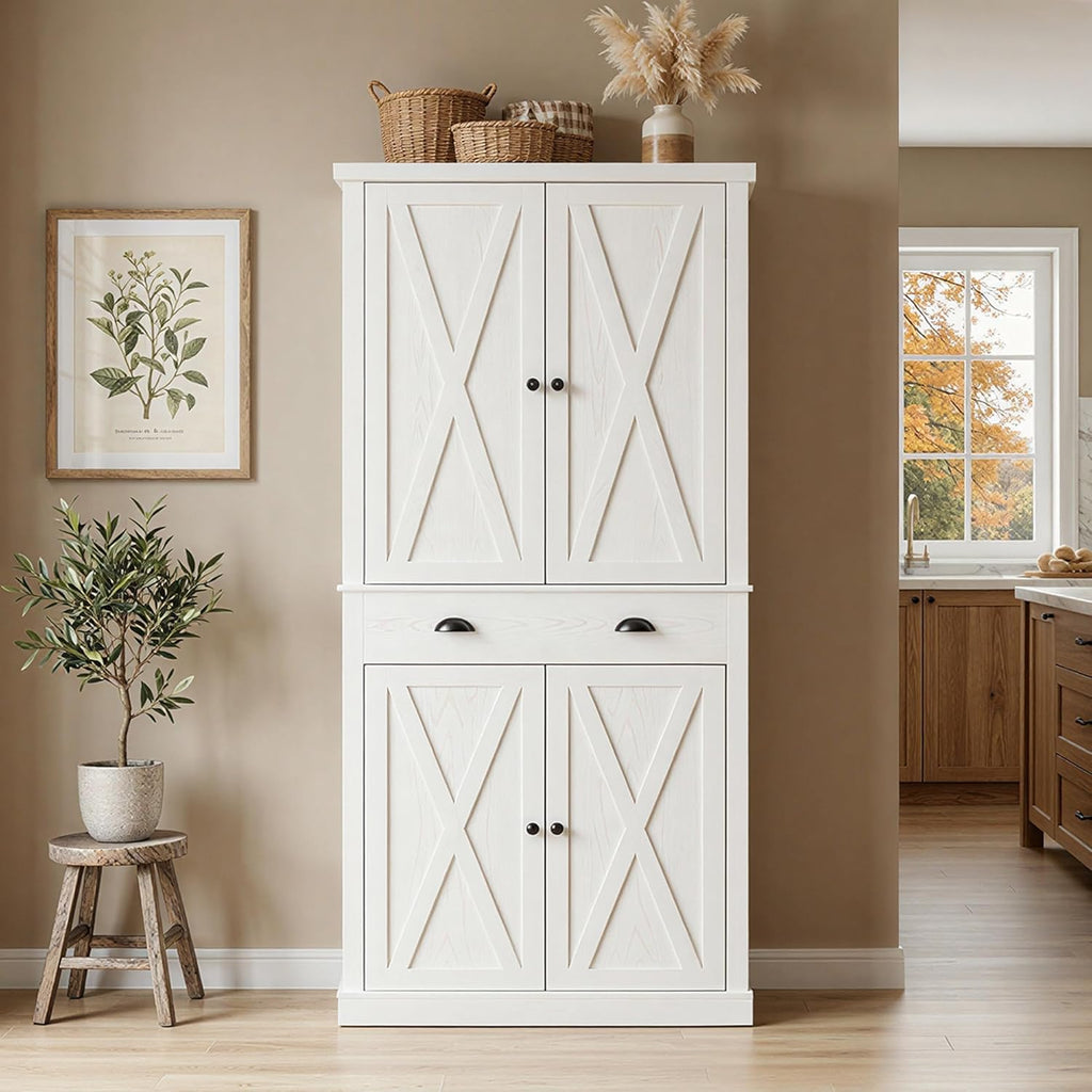 IRONCK 72.6" Tall Farmhouse Kitchen Pantry with Drawer and Adjustable Shelves, Freestanding Storage Cabinet with X-Design Doors, Large Floor Cupboard for Kitchen, Dining Room, White