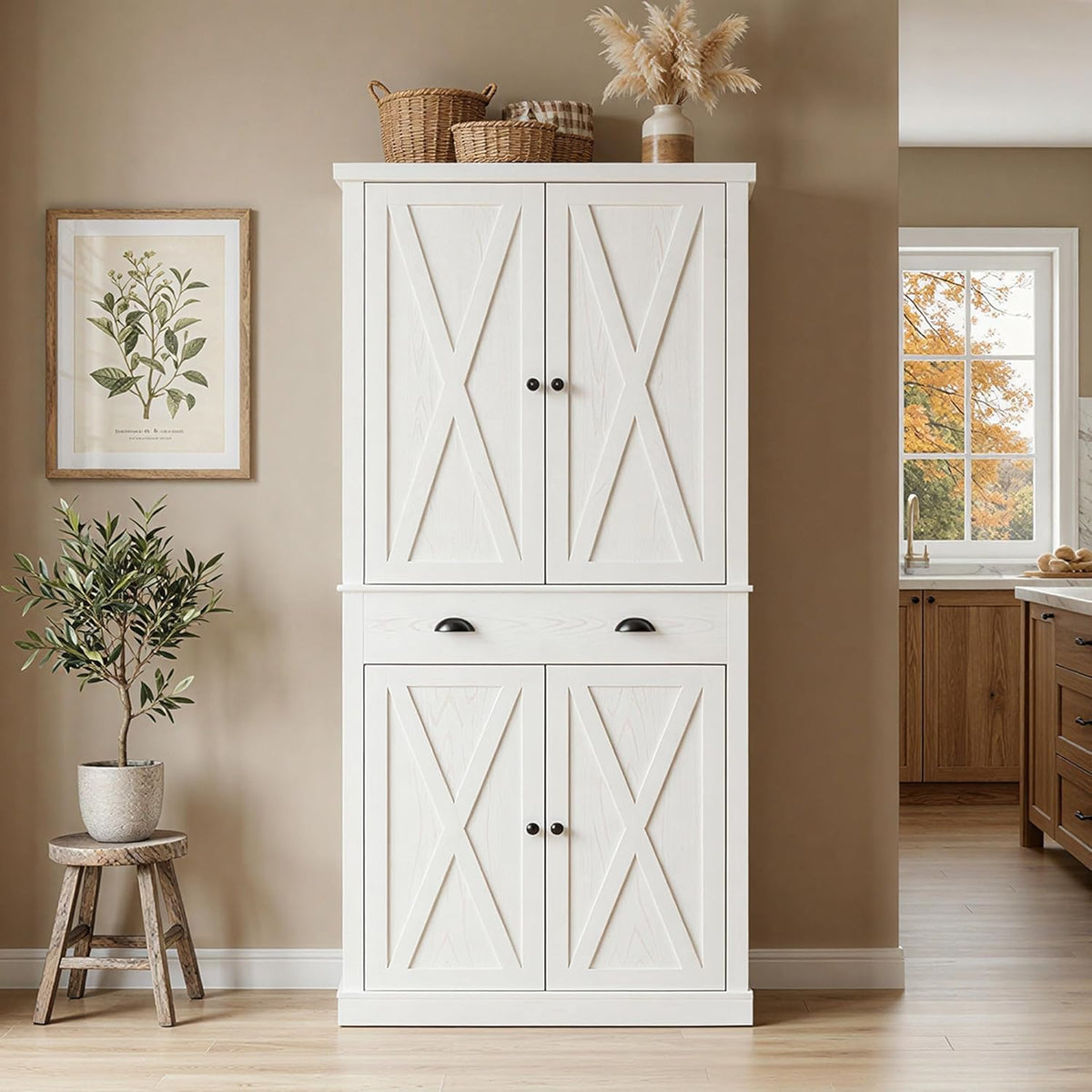 IRONCK 72.6" Tall Farmhouse Kitchen Pantry with Drawer and Adjustable Shelves, Freestanding Storage Cabinet with X-Design Doors, Large Floor Cupboard for Kitchen, Dining Room, White
