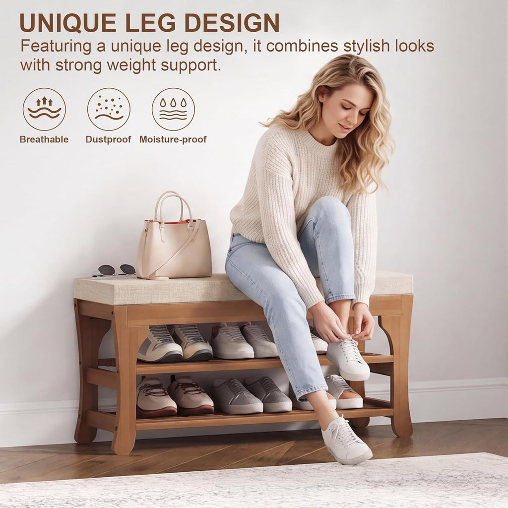 PETKABOO 27.6" Shoe Storage Bench with Cushion, Bamboo Shoe Rack Bench, 2-Tier Entryway Shoe Organizer, Supports up to 350 LB, for Hallway, Bedroom, Closet, Living Room