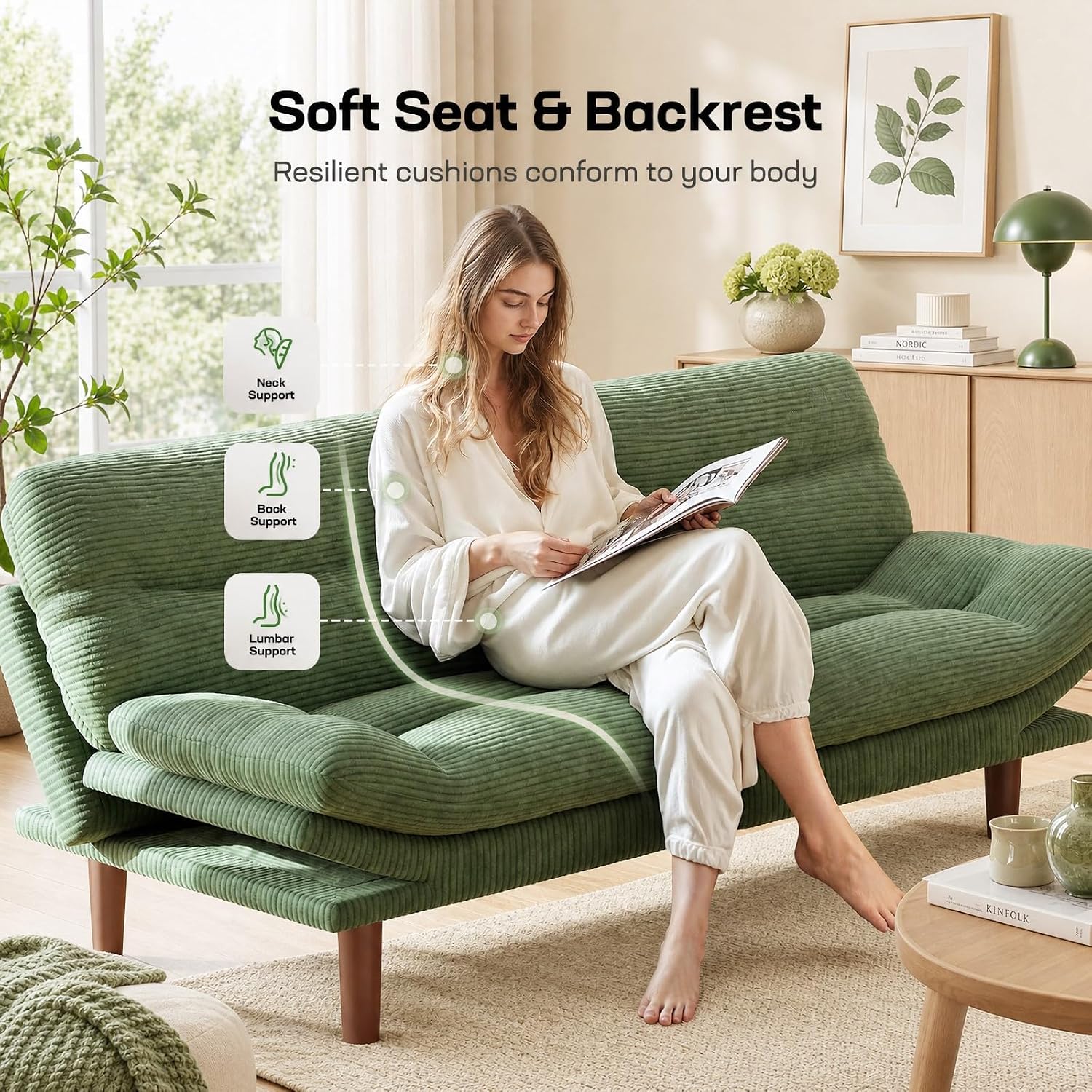 Marsail 75" Futon Sofa Bed, Futon Couch with Adjustable Backrest & Armrests, Convertible Sleeper Sofa Bed for Apartment, Living Room, Office, Corduroy Loveseat, Sage Green