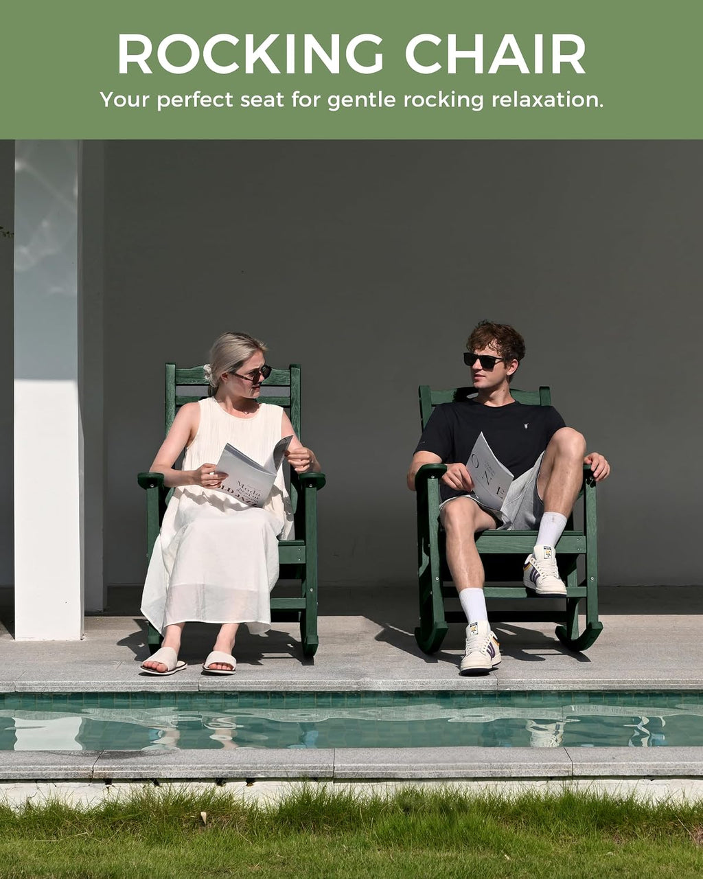 Oversized Outdoor Rocking Chair, High Back Porch Rocker Chair, HDPE All Weather Resistant Rocking Chairs for Patio, 380lbs Weight Capacity, Green