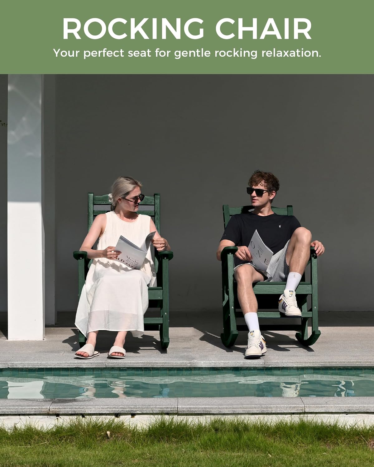 Oversized Outdoor Rocking Chair, High Back Porch Rocker Chair, HDPE All Weather Resistant Rocking Chairs for Patio, 380lbs Weight Capacity, Green