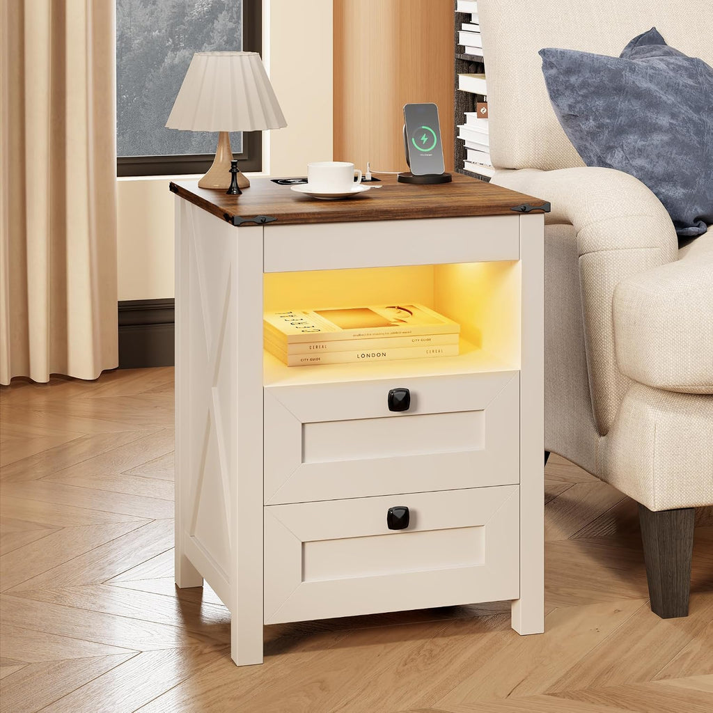 HWB LED Nightstand Set of 2 with Gun Drawer: Bedside Table with Charging Station for Bedroom Furniture – Farmhouse Night Stand with 3 Colors Smart Human Sensor Lights for Living Room End Table, White