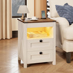 HWB LED Nightstand Set of 2 with Gun Drawer: Bedside Table with Charging Station for Bedroom Furniture – Farmhouse Night Stand with 3 Colors Smart Human Sensor Lights for Living Room End Table, White