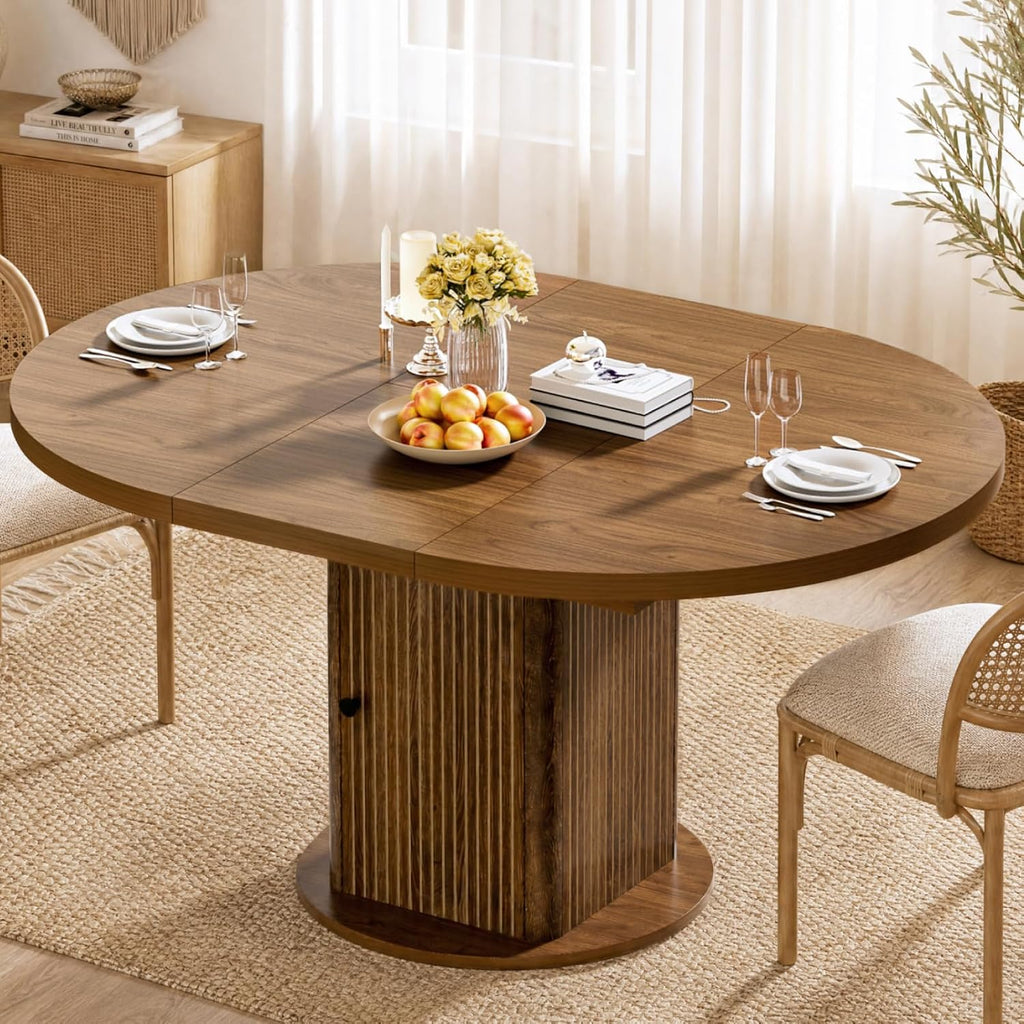 43"-59" Extendable Round Dining Table for 4-8 with Hidden Storage, Oval Dining Room Table with Removable Leaves, Modern Farmhouse Fluted Wood Kitchen Table for Living Room, Walnut