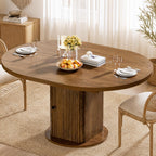 43"-59" Extendable Round Dining Table for 4-8 with Hidden Storage, Oval Dining Room Table with Removable Leaves, Modern Farmhouse Fluted Wood Kitchen Table for Living Room, Walnut