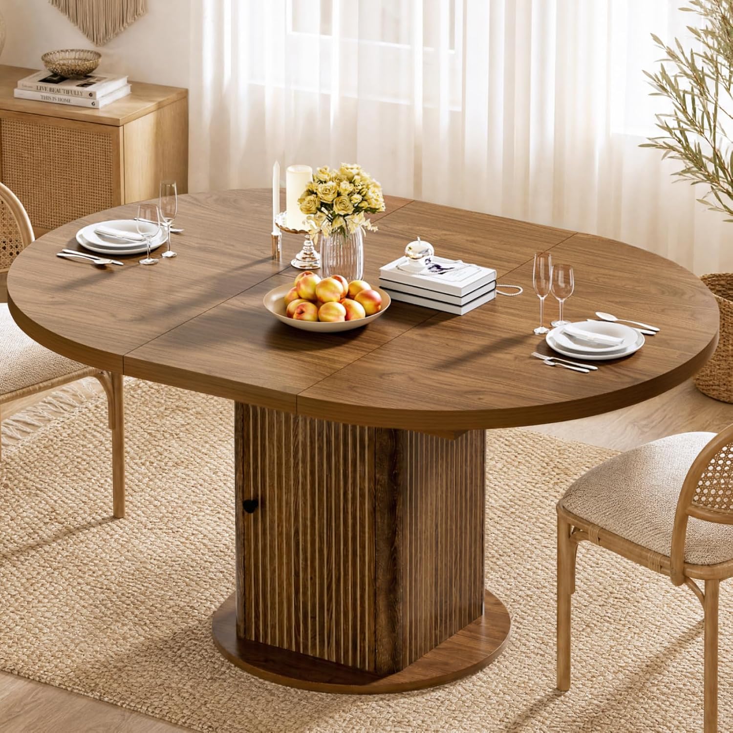 43"-59" Extendable Round Dining Table for 4-8 with Hidden Storage, Oval Dining Room Table with Removable Leaves, Modern Farmhouse Fluted Wood Kitchen Table for Living Room, Walnut
