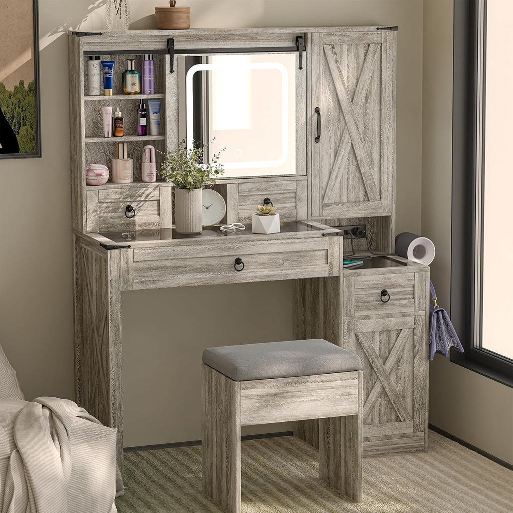 Farmhouse Vanity Desk with Mirror and Lights, 42” Makeup Vanity with Charging Station, 4 Drawers & Adjustable Shelves, Oak