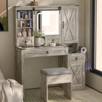 Farmhouse Vanity Desk with Mirror and Lights, 42” Makeup Vanity with Charging Station, 4 Drawers & Adjustable Shelves, Oak