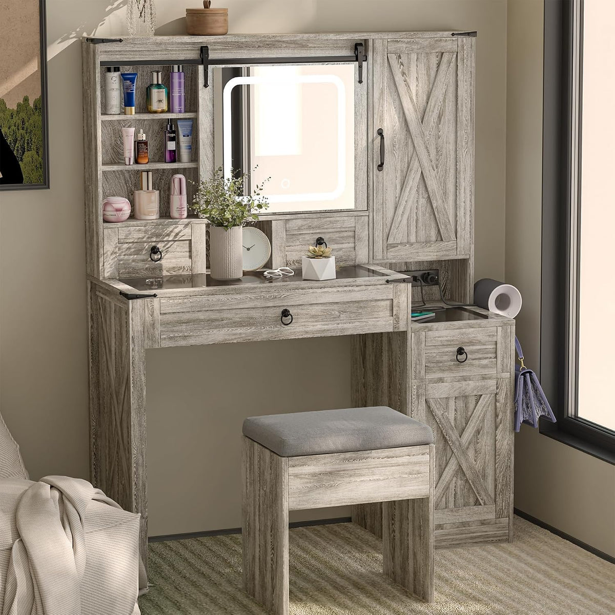 Farmhouse Vanity Desk with Mirror and Lights, 42” Makeup Vanity with Charging Station, 4 Drawers & Adjustable Shelves, Oak