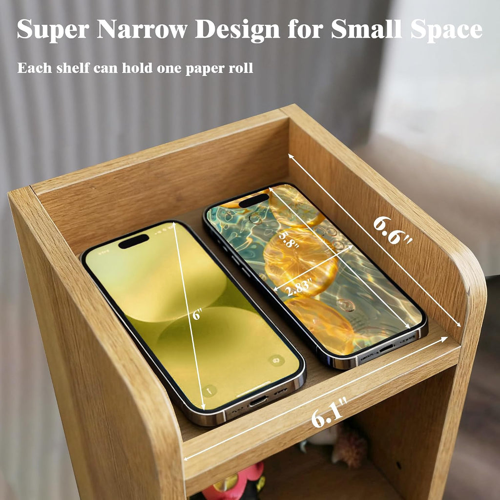FerniTry Narrow Bathroom Storage Cabinet, Corner Toilet Paper Floor Cabinet 5 Tiers with Door and Shelves,Bathroom Organizer with Adjustable Shelf, for Small Spaces (Oak)