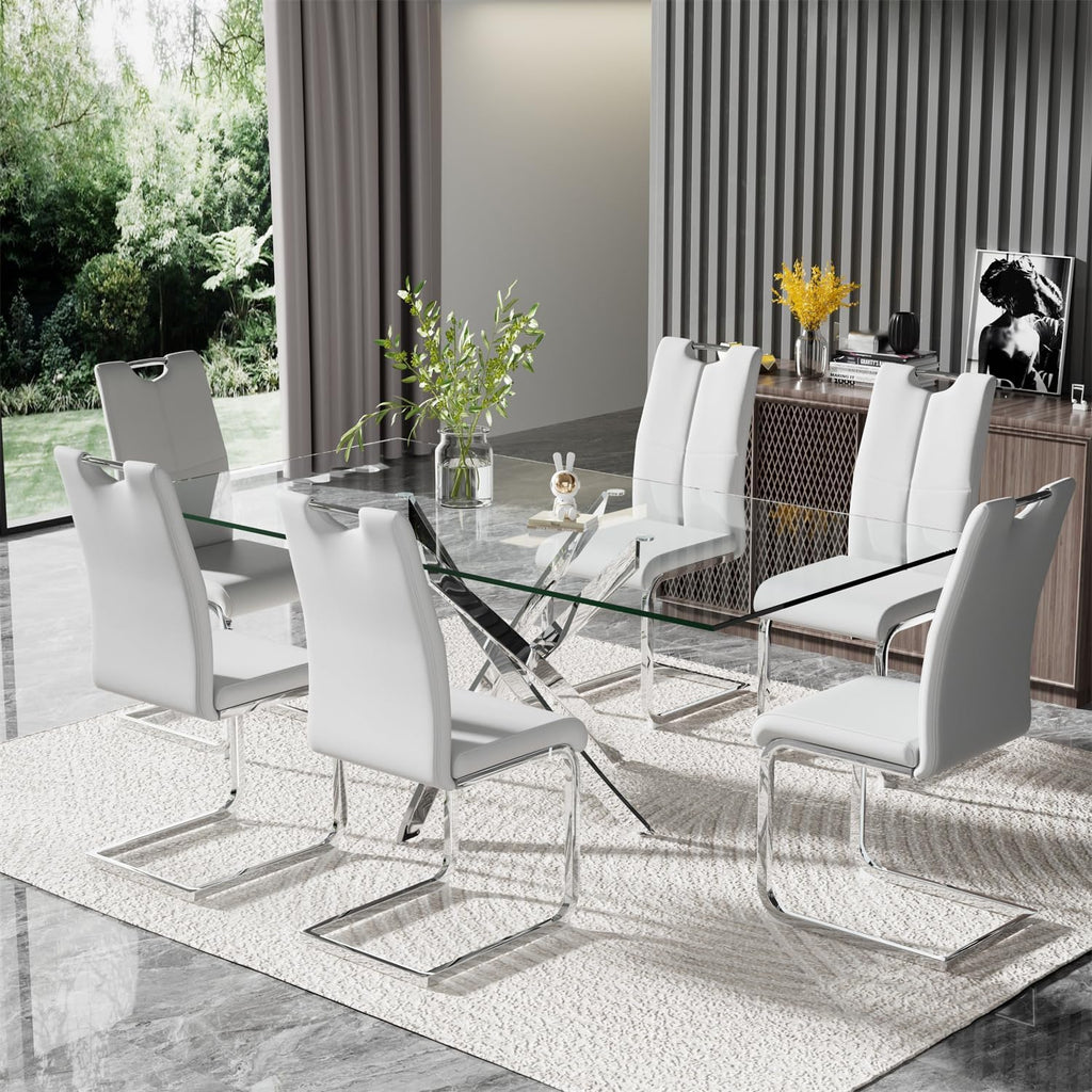 Modern 63 Inch Glass Dining Table Set for 6, 7 PCS Kitchen Table Set, Clear Tempered Glass Dinner Table with Silver Chrome Legs & Gray Upholstered PU Faux Leather Dining Chairs for Home, Dining Room