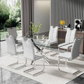 Modern 63 Inch Glass Dining Table Set for 6, 7 PCS Kitchen Table Set, Clear Tempered Glass Dinner Table with Silver Chrome Legs & Gray Upholstered PU Faux Leather Dining Chairs for Home, Dining Room