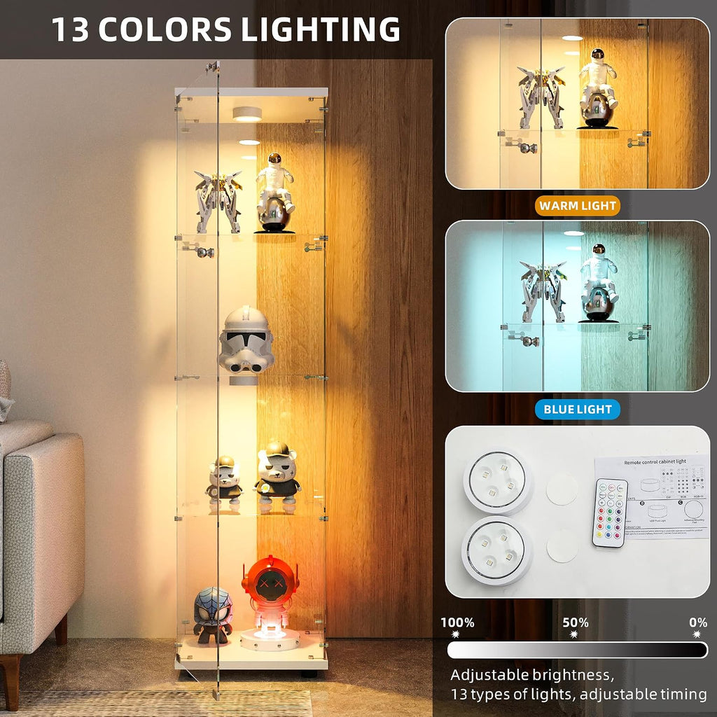FANYUSHOW Display Cabinet with Glass Door and LED Light, 4-Tier Tempered Glass Display Shelf, Glass Curio Cabinet Collection Display Case, Display Case Cabinet, White 64.7" H x 16.7" L x 14.37" W