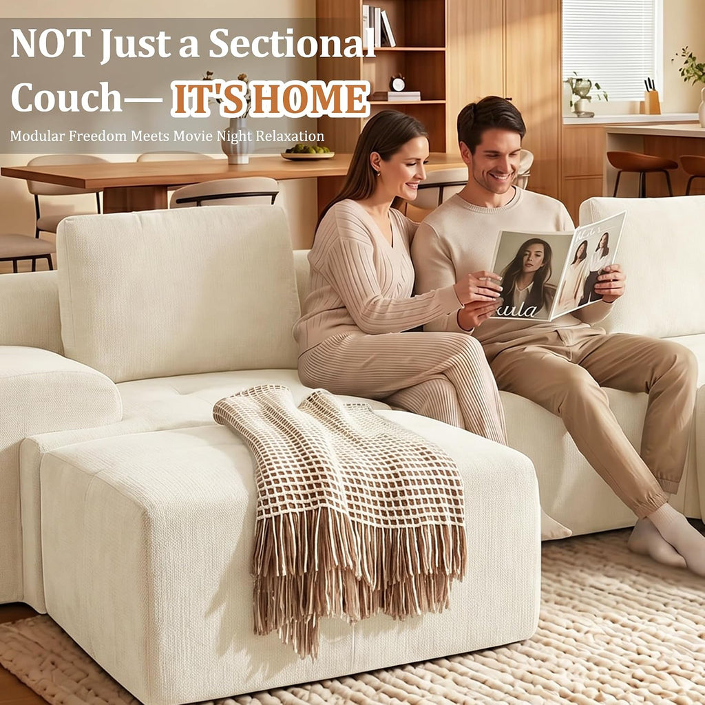 159" L Shaped Oversized Couch, Comfort Cloud Sectional Couches for Living Room, Modular Sofa High Back & Extra Deep Seat, No Assembly, Chenille (Warm White, 159 inch-L Shaped（4+1）)