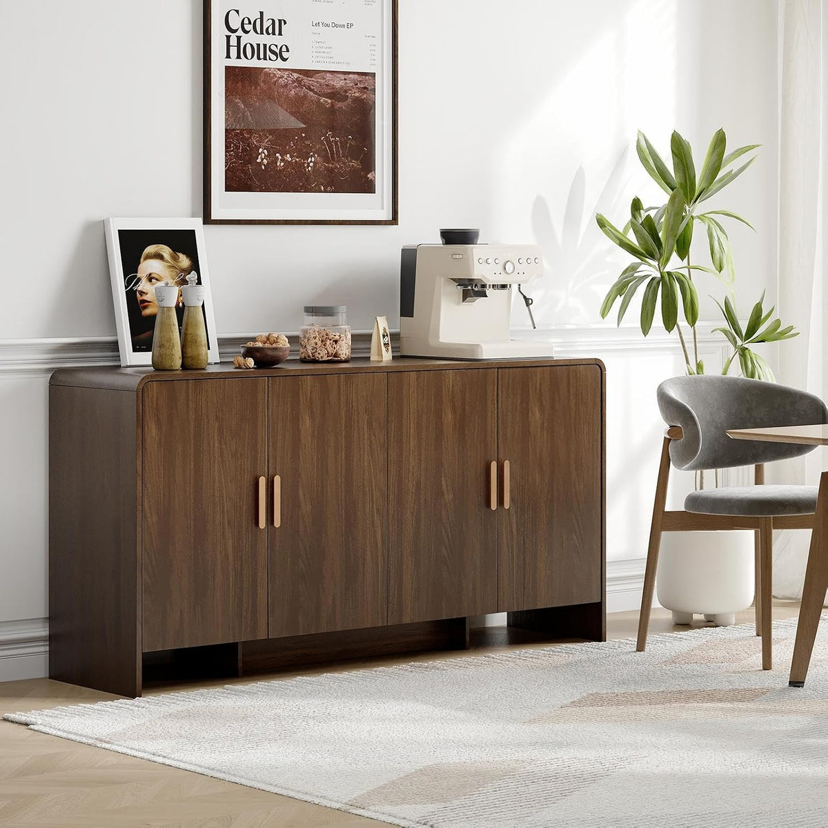 ONBRILL 60" Sideboard Buffet Cabinet with Storage, Curved Design Farmhouse Modern Coffee Bar Cabinet with 4 Doors & Adjustable Shelves for Living Room, Kitchen, Hallway, Walnut
