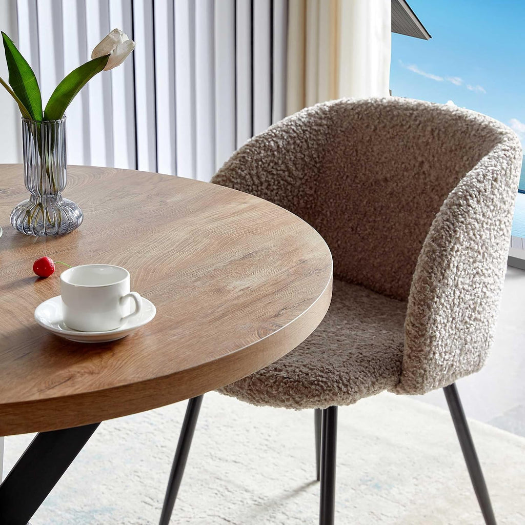 NORDICANA 5 Piece Dining Table and Chair Set, 37-Inch Engineered Wood Round Table Set, Light Brown Fuzzy Sherpa Armchairs with Black Metal Leg for Small Spaces