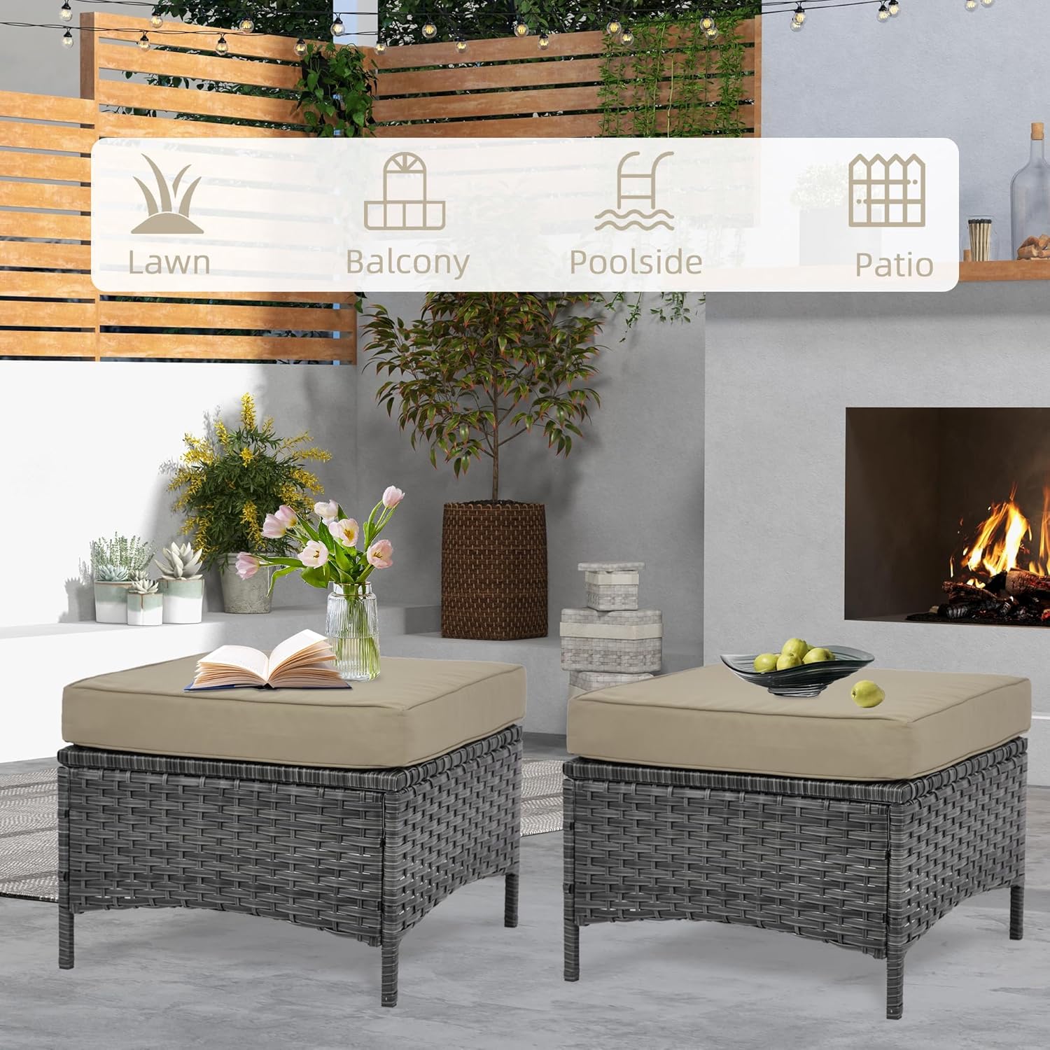 Set of 2 Outdoor Patio Ottomans, All-Weather PE Rattan Wicker Furniture for Backyard Porch Deck Poolside, Sturdy Steel Frame, Khaki