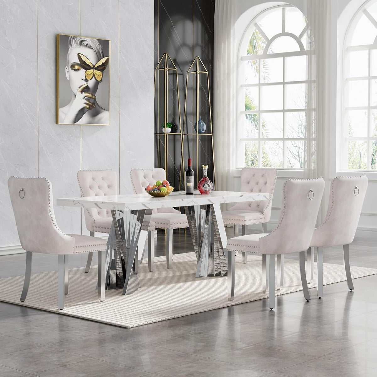 70" Faux Marble White Silver Dining Table for 6, Modern Dining Room Table with 0.71" Marble Printing MDF Top and Flash-Shaped Stainless Steel Base,Rectangular Large Kitchen Dinner Table