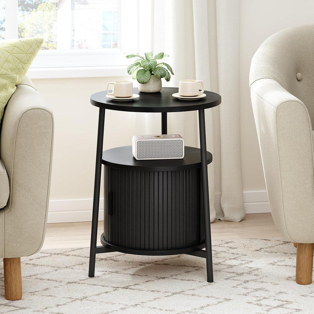 ONBRILL Round Side Table with Storage, Fluted Nightstand with Charging Station, Small Mid-Century Modern Bedside Tables, Black End Tables for Small Space Living Room Bedroom Sofa Couch