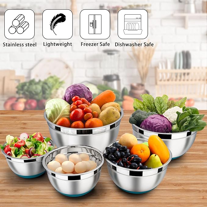 LIANYU Stainless Steel Nesting Mixing Bowls Set of 6, Non-slip Bottom & Airtight Lids, Size 7, 3.5, 2.5, 2, 1.5, 1QT, Large Metal Bowls for Cooking, Baking, Food Storage, Dark Blue