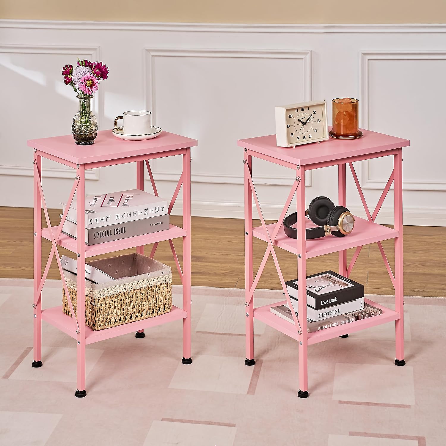 VECELO End Side Table Night Stand Set of 2,X-Design with Storage Shelf for Bedroom,Living Room,Pink