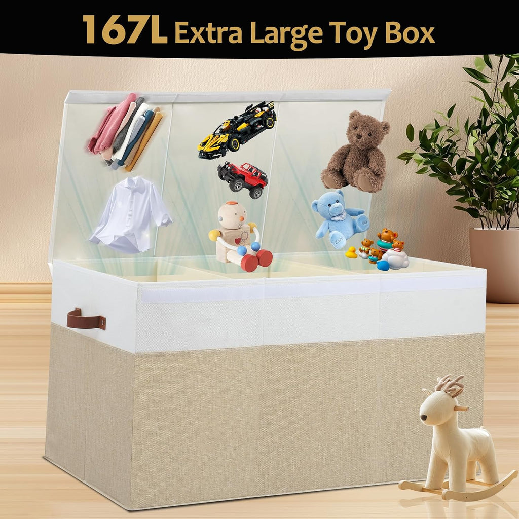 Extra Large Toy Storage Box with Lid,Toy Chest Bin Basket with Dividers | Sturdy Toy Organizer Bin for Kids, Boys, Girls, Nursery, Closet, Bedroom, Playroom 35.5"x17" x17" (Beige and White)