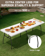 FanttikOutdoor 8ft Folding Table with Six Legs, 500 LBS, Party, Camping | Heavy Duty Plastic Fold-in-Half Foldable Table, Portable w/Handle for Indoor Outdoor Wedding Office Banquet White Zeta X8 Pro