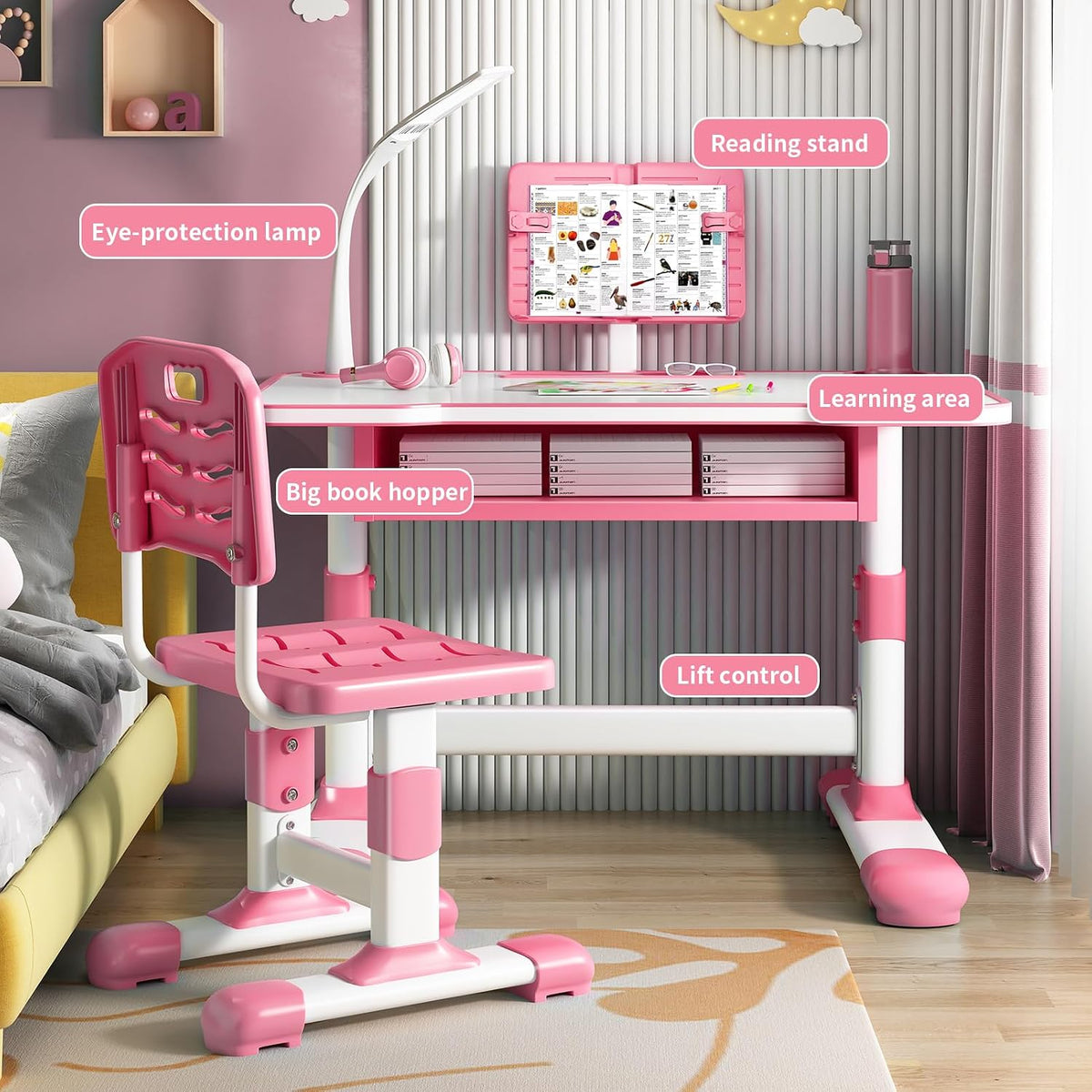 Kids Desk and Chair Set with LED Light | Adjustable Children's Study Table with Tiltable Book Stand & Large Drawer for Bedroom or Living Room (Pink/Blue) (Pink)