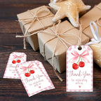Cherry Gift Tags, 2x3.5 Inch Pink Bow Gift Tags, 50Pcs Thank You for Celebrating with Us Label, Paper Personalized Design Labels for Wrapping Party Favor-A12